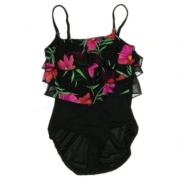 Longitude | Beach Black Pink Floral Ruffle Chest One Piece Swimsuit Size 10 - Picture 1 of 2